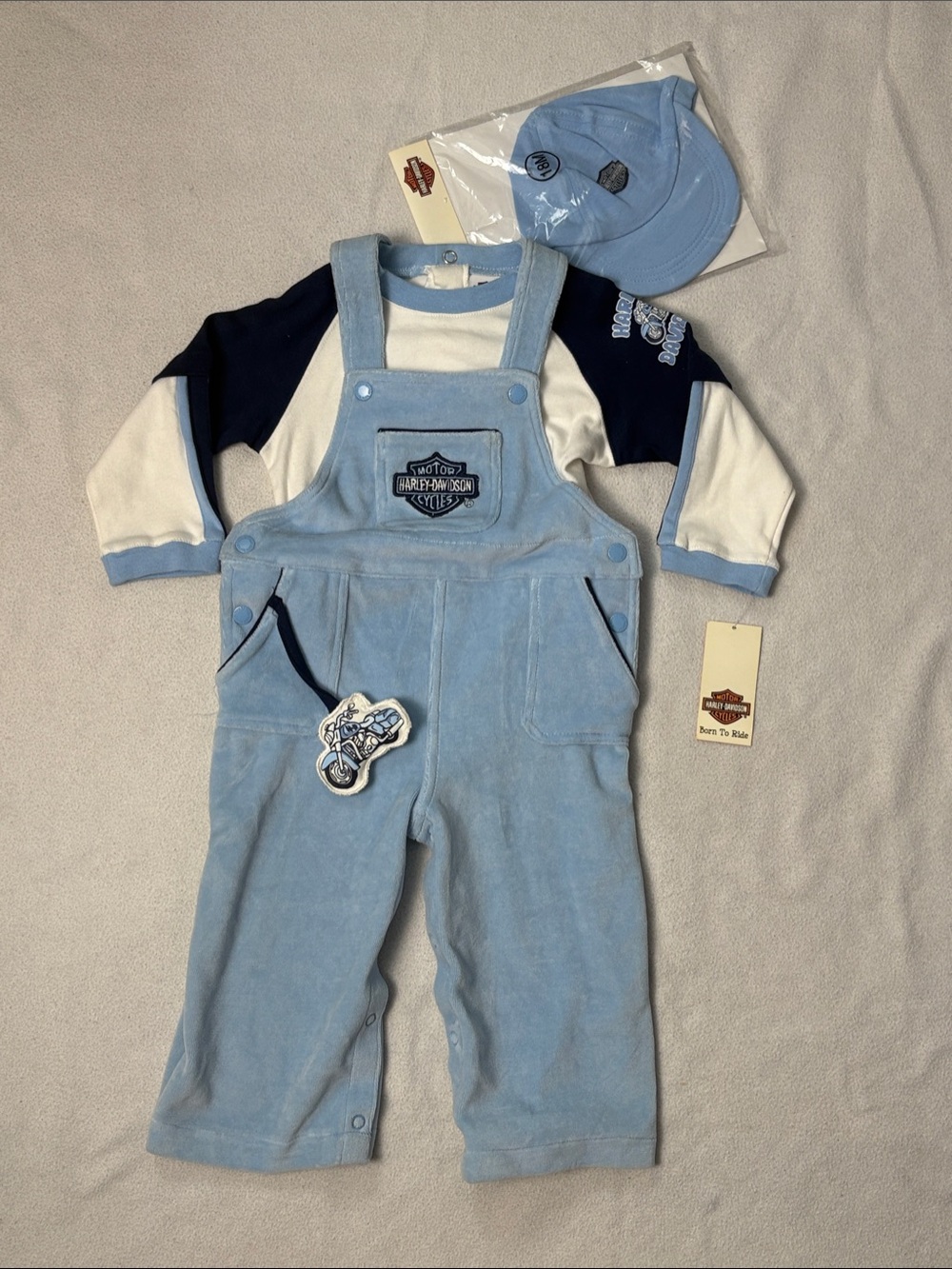 Harley-Davidson Light Blue Velour Overalls with Navy & White Top